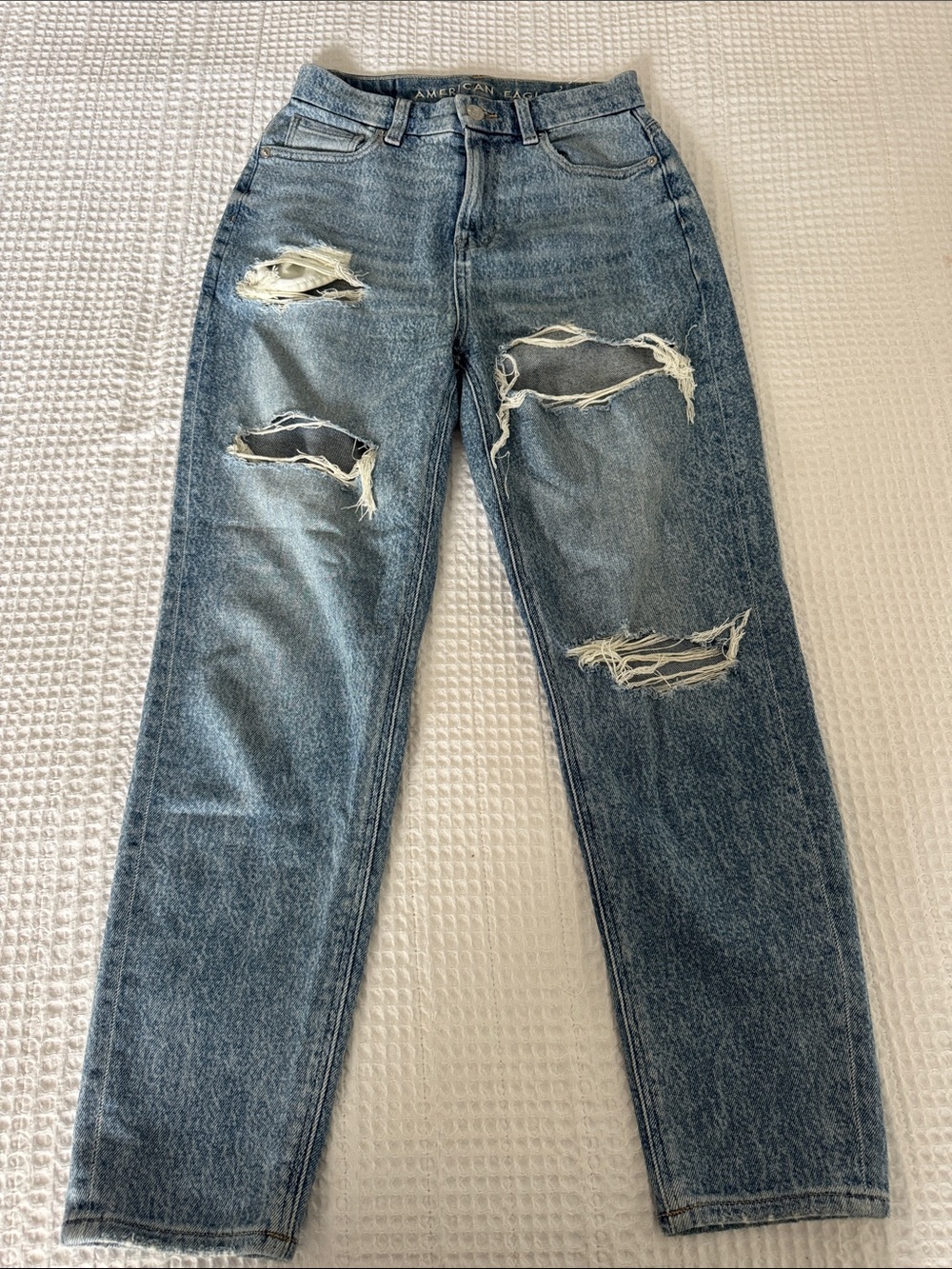 American Eagle High-Rise Distressed Straight Leg Jeans - Light Blue